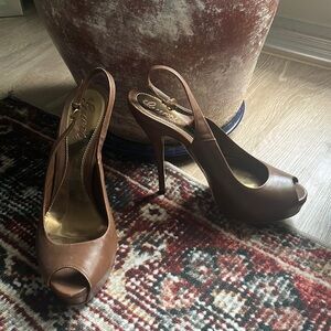 Gucci Brown Leather Peep Toe Sling Backs